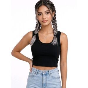 DKNY Jeans Black Ribbed-Knit Cropped Tank Top Size L